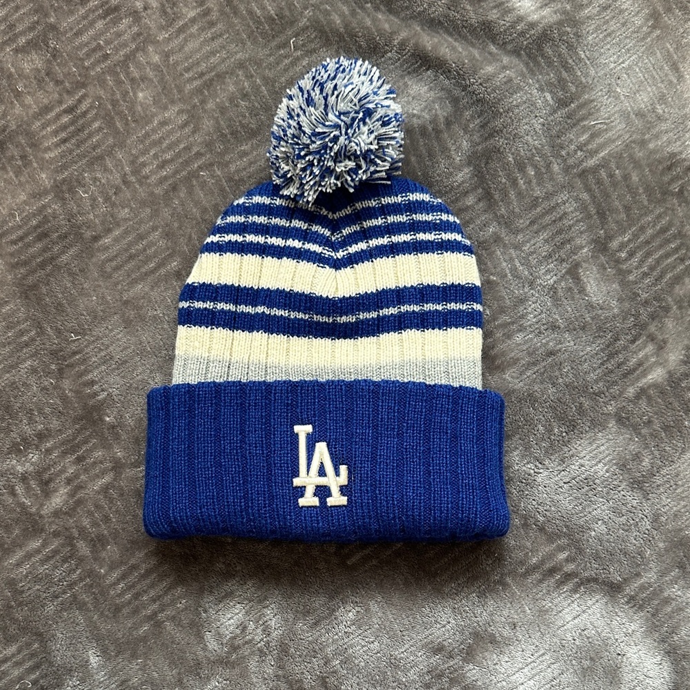 LA Blue and White Beanie with Pom Pom